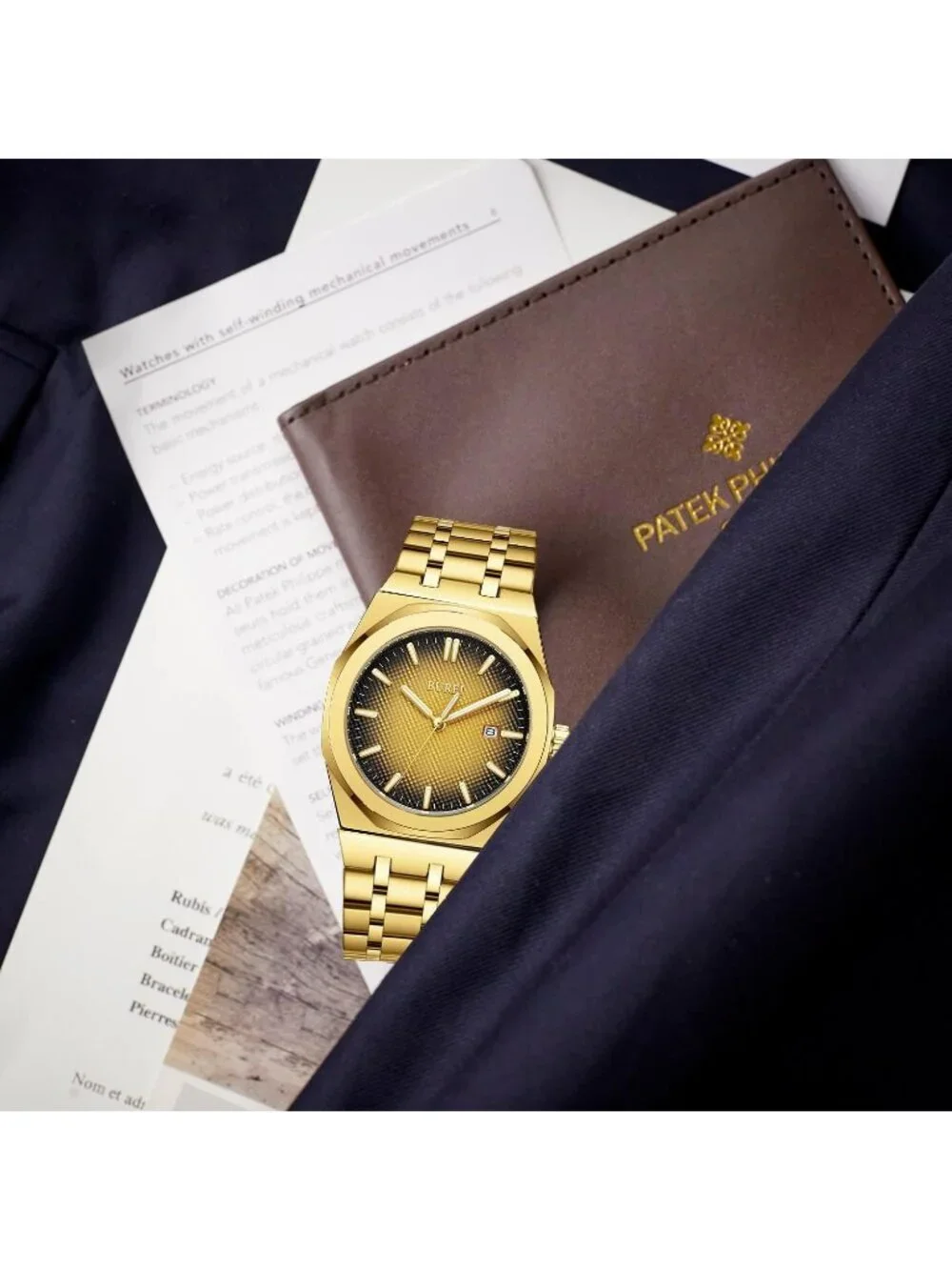 Men's Gold Analog Quartz Tang Buckle Stainless Steel Waterproof Luxury Watch